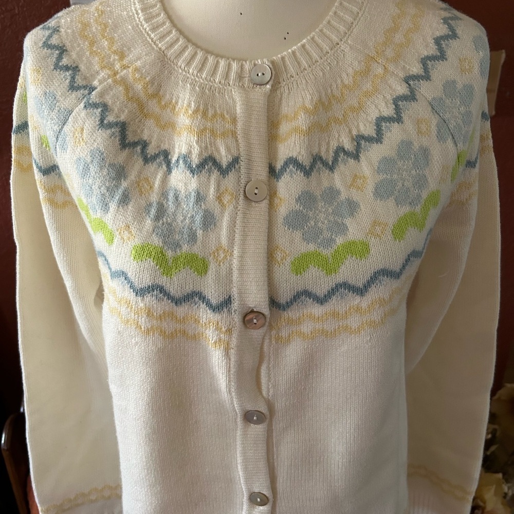Cardigan Sweater Beautiful Flower Print Yellow and Blue No Size Please See Desc - Picture 2 of 5